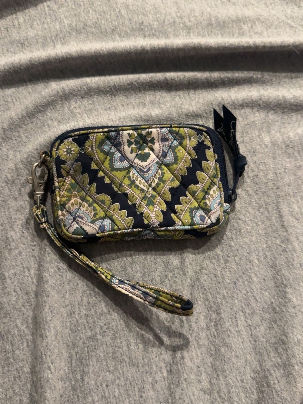 Vera Bradley Quilted Wristlet in Navy and Olive Floral Paisley